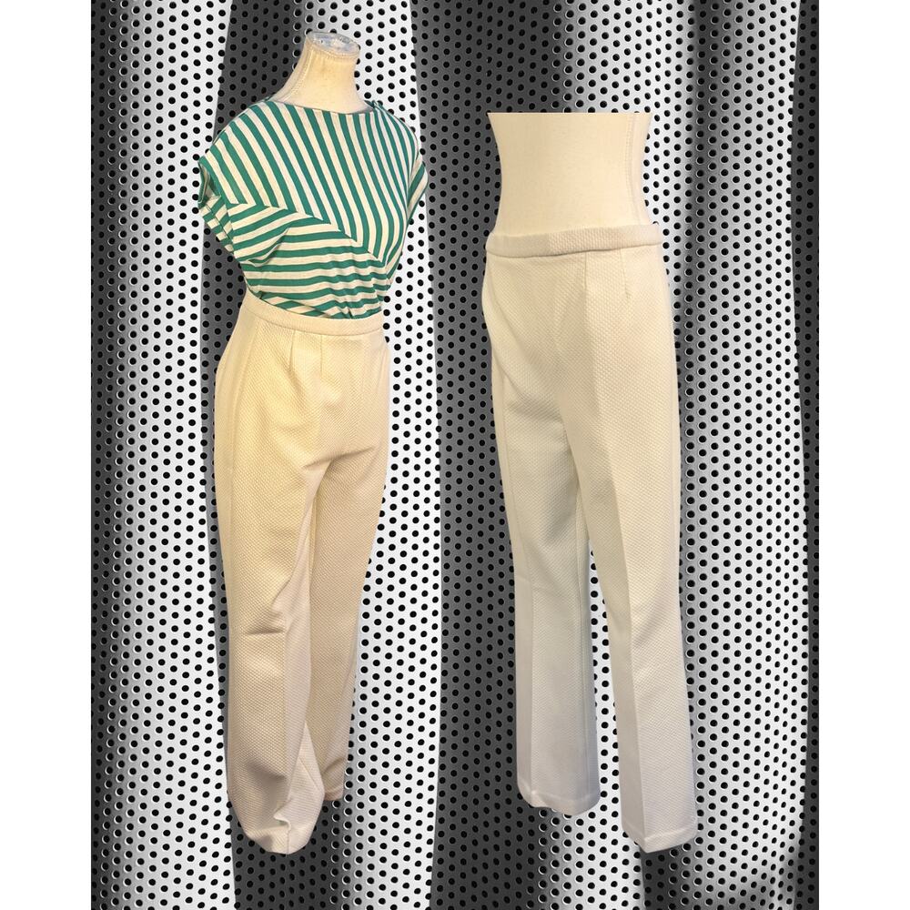 Vintage 70s Groovy White Waffle Knit Dagger Collar Blazer Flare Pants Set M/L - Picture 6 of 7